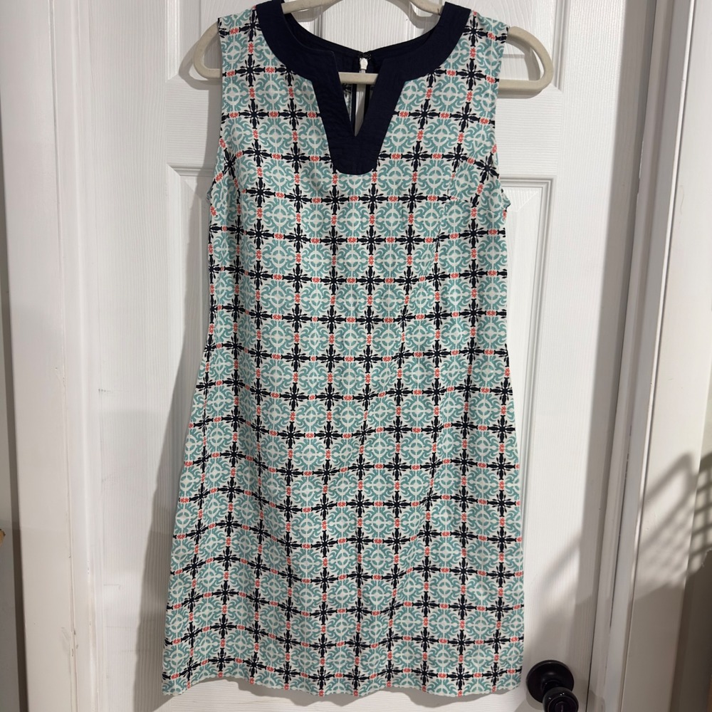 Talbots Petites Linen Cotton Geometric Medallion Shift Dress Navy Turquoise 6P